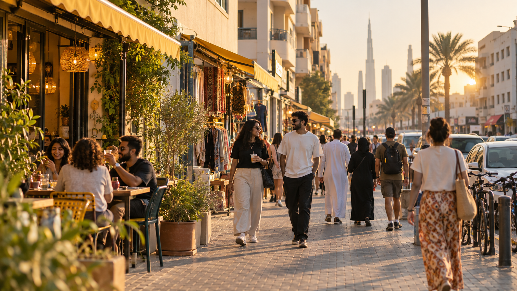 Illustrative scene of people exploring neighborhood shops and cafés